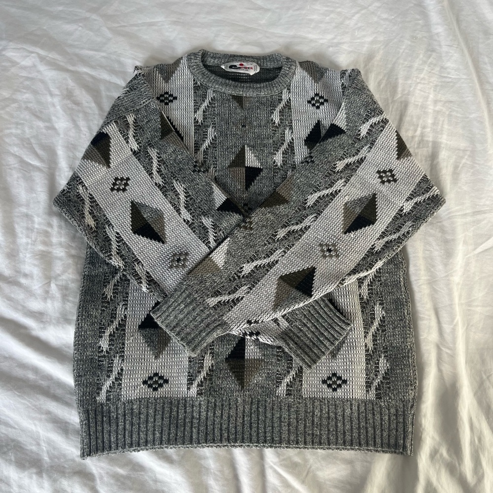 Vintage cooper knit sweater, grey white green, fall vibes